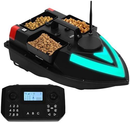 KLOOLIVE 500m Ferngesteuert Köder Boot, 3 Köderboxen Köderboot, 1m/s Angelköder Boot, Futterboot mit GPS-Positionierung und LED-Licht, Nachtangeln Köderboot mit Ladegerät, USB-Kabel und 5200mAh