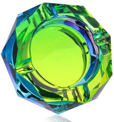 Coomin 5.9in Large Crystal Glass Ash Tray, Sparkly Cigarettes Cigar Ashtray, Ashtrays for Smokers Indoor Women Home Desktop Tabletop, Gift Packaging, Green