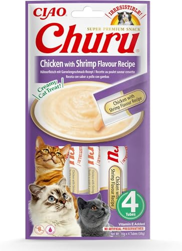 INABA Churu Snack per Gatti Cremoso con Pollo e Gamberetti - 1 Pack (4 Stick x 14gr) - Cibo per Gatti da Leccare, Sano e Delizioso - Snack Gatto Senza Conservanti o Coloranti Artificiali, Grain-Free