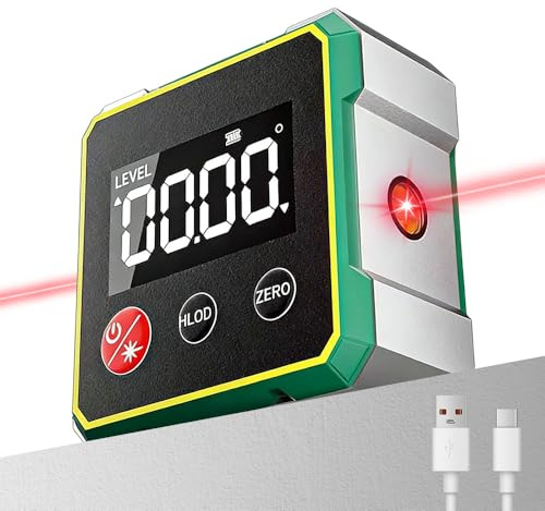 Cercatore angolare digitale magnetico con laser, strumento di ricerca angolare magnetico a 2 lati con display LCD, ricaricabile tramite USB, livella digitale a bolla d'aria, goniometro per la