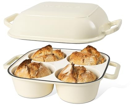 QuadPro Enamelled Cast Iron Bread Loaf Pot – Dutch Oven for Sourdough Bread Baking – 500°F Oven Safe Non Stick Bread Pot – 4 Round Loaf Spaces (4.90-inch Diameter), Cream – by Nuovva