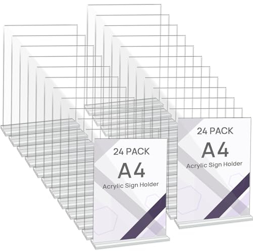 JEFURE Set di 24 Porta-poster in Acrilico A4, Cavalletto da Tavolo in Acrilico, Supporto a T per Documenti, Porta-menu, Presentatore per Ufficio, Negozio, Ristorante