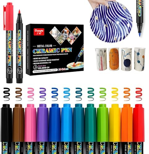 Bamyli Ceramic Markers,12-Color Water-Based Ceramic Paint Pens, Dishwasher Safe Permanent Waterproof Brush Tip Porcelain Pens for Glass Stone Ceramic DIY Craft Projects