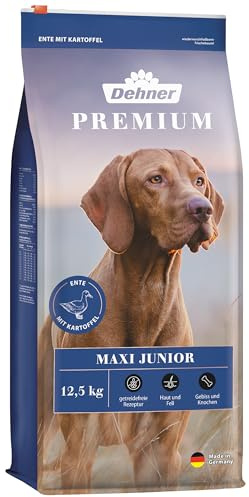 Dehner Premium Hundefutter Maxi Junior, Trockenfutter getreidefrei, für Welpen und junge Hunde großer Rassen, Ente / Lamm / Kartoffel, 12.5 kg