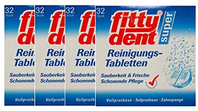 fittydent superrengöringstabletter, ren och fräsch, skonsam vård, för fullprotes, delproteser och tandspångar, 32 stycken