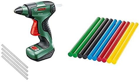 Bosch Akku Klebepistole PKP 3,6 LI (Micro-USB Ladegerät, 4 x Klebesticks Ultra Power (3,6 V)) & Klebesticks Color (10 Stück, Ø 7 mm)