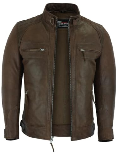 Vance Leather' Men's Cafe Racer Waxed Lambskin Chocolate Brown Motorcycle Leather Jacket (XL, Chocolate Brown)