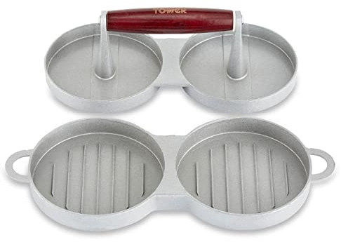 Tower T932010 Outdoor Living Double Burger Press with Wooden Handle, Non-Stick, Stainless Steel