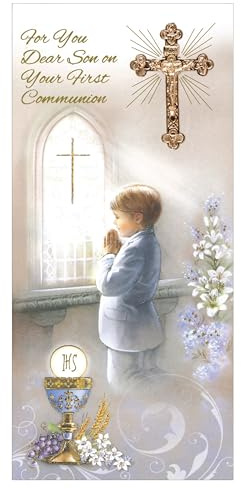 Son First Holy Communion Catholic Celebration Card for a Special Boy on his Religious Commitment Ceremony with Cross Crucifix