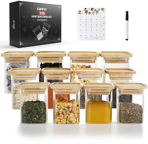 LIBWYS 12pcs Stapelbare Gewürzgläser Eckig mit Bambus Deckel, 200ml Vorratsgläser - Gewürzdosen Set mit Etiketten – Gewürzbehälter Spice Jars Gewürze Aufbewahrung