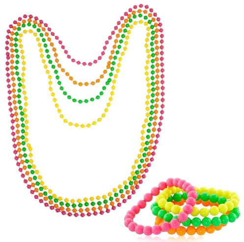 Neon Jewellery, 8PCS Fancy Dress 80's Retro Beaded Jewelry Set, Colorful for Women - Neon Necklace, Bracelets, Bulk, 80s Fancy Dress Accessories