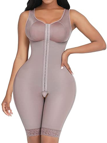 FeelinGirl Faja para Mujer con 3 Filas de Ganchos Shapewear Sobre Busto Control de Abdomen Body Reductor con Pantalones Moldeadores hasta la Rodilla Marrón S