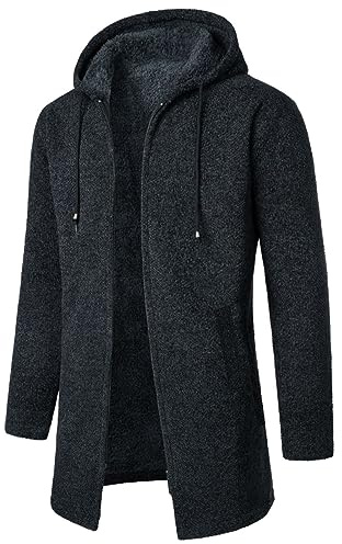 Cardigan da uomo, lungo, con cappuccio, lavorato a maglia, maglione invernale, in pile, giacca lunga da uomo, in cotone, grigio scuro., 3XL