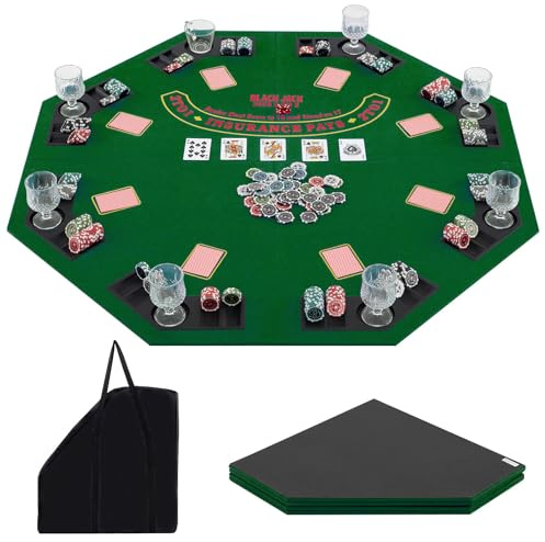 COSTWAY Plateau de Poker Pliable 120x120cm Octogonal pour 8 Joueurs, Tapis de Table de Poker avec Porte-Gobelets & Plateaux à Jetons, Sac de Transport, Support de Poker pour Casino