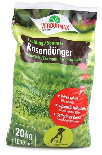 Verdurmax 20 kg d'engrais pour gazon Printemps & Été – Engrais à libération prolongée avec azote pour 1000 m² de gazon vert luxuriant – Sans danger pour les chiens – Compatible avec épandeur