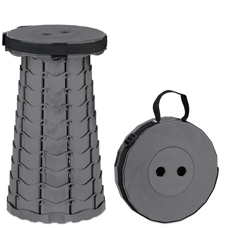 Relaxdays Teleskophocker, faltbar, Tragegurt, Outdoor, höhenverstellbarer Campinghocker, HxBxT 44,5 x 25 x 25 cm, grau