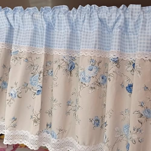 A.Monamour Rideau de Cuisine Court pour Petit Fenêtre Rural Coton Bleu Blanc Carreaux Plaid Vintage Floral Dentelle Blanche Rideau Brise-bise à Disques Panneaux Cantonnières Bistro Café Passe-Tringle
