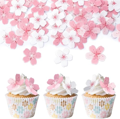 60 Pcs Edible Cherry Blossoms Cupcake Toppers, Edible Wafer Paper Cupcake Cake Dessert Toppers for Wedding, Baby Shower, Birthday Party Decorations