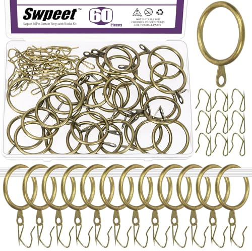 Swpeet 60pcs 43mm / 1,7 Inre diameter Svart metall gardinring med Pin-on draperi krokar sortimentsats, Drape glidande ögon ring metall gardinring krokar, för fönster dörr dusch (Brons, 1.26 Inch)