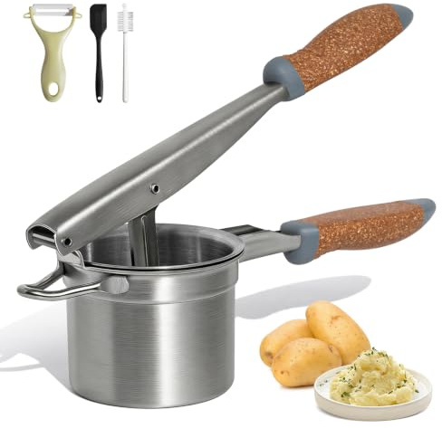 ANJUKE Potato Ricer Stainless Steel with Fixed Disc, Heavy Duty Potato Masher with Wood‑Plastic Handle, Includes Ceramic Scraper, Silicone Spatula & Cleaning Brush for Mashed Potatoes