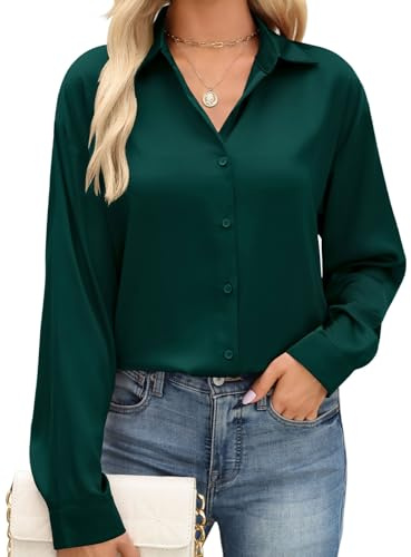 CMTOP Camisa Mujer Blusa Elegante de Manga Larga Saten Casual Blusas y Camisas Suelto Cuello en V Tops Otoño Primavera Botones Sobrecamisa Shirts (Verde Oscuro, XXL)