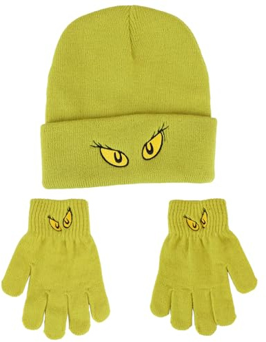 PMS Grinch Green Kids Hat and Gloves Set – Official Licensed Winter Accessories for Boys and Girls – Warm Knitted Beanie and Gloves with Grinch Eyes Design – Fun Winter Wear for Christmas Fans