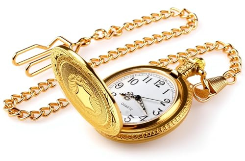 Reloj De Bolsillo Vintage Con Esfera Romana Calada Y Doble Cadena,Acero Inoxidable,Mecanismo De Cuarzo, Indicación 24 Horas,Para Hombre Mujer,Regalo De Día San Valentín Accesorio De Disfraz,Dorado