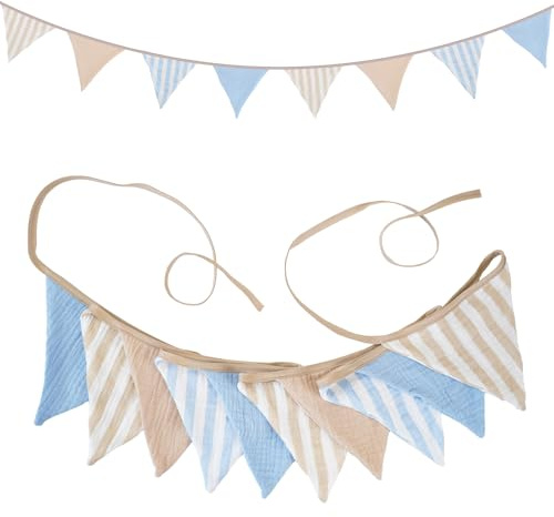 G2PLUS Muslin Fabric Bunting for Nursery: 10PCS Double Side Cloth Triangle Banner, Blue and Beige Cotton Bunting Banner for Baby Room, Nursery, Baby Shower Decor, 2.6m