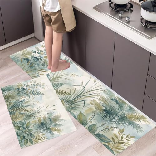 MLSOWM Tappetino da Cucina Antiscivolo Felci Canne Set di Tappeti da Cucina, Passatoia Corridoio Erbe Ad Acquerello Lavabili Tappetino Zerbino per Corridoio, 43x75cm+43x120cm