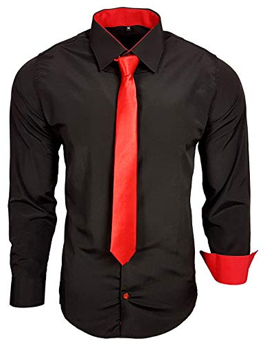 Baxboy 444-BK Herren Kontrast Hemd Business Hemden mit Krawatte Hochzeit Freizeit Fit, Farbe:Schwarz/Rot, Größe:4XL