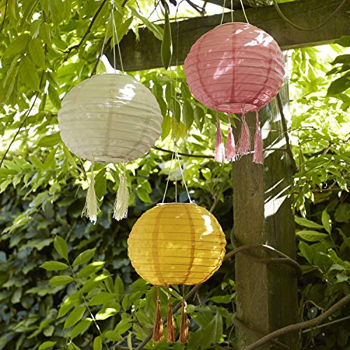Lights4fun Set of 3 Outdoor LED Solar Powered Multi Coloured Chinese Hanging Garden Lanterns with Tassels IP44 Waterproof