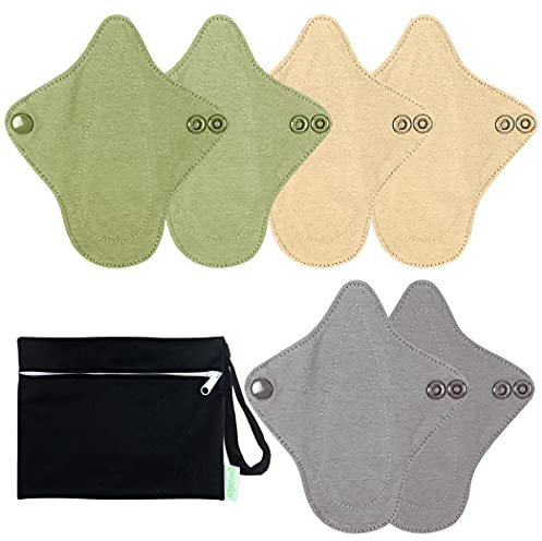 wegreeco 6 Pc Reusable Menstrual Pads, Ultra Thin Pantiliners for Thongs, Cloth Pads, Panty Liners for Teens, Women, Nonslip Pantiliners + 1 Pc Wet Bag(Mustard Yellow, Grey, Beige, XS)