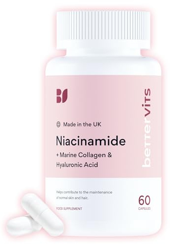 Bettervits Niacinamide Complex with Vitamin B3 Niacin, Marine Collagen, and Hyaluronic Acid – High-Strength Niacinamide Supplement for Energy Support – Natural Vitamin B3 Boost – 60 Capsules