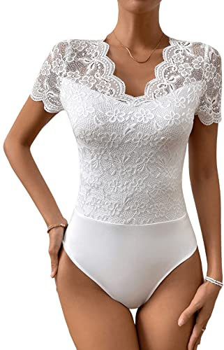 GORGLITTER Damen Body Durchsichtig Spitzen Bodysuit Oberteil Trachtenbody Spitzenbody Party Bodys Dirndlbody V-Ausschnitt Weiß L