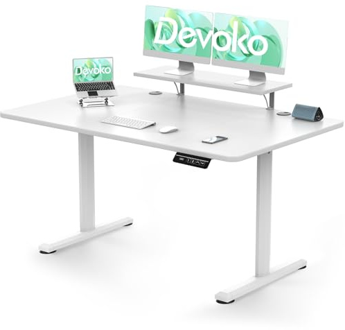Devoko - Scrivania da utilizzare seduti o in piedi, 140 x 60 cm, con supporto per monitor, regolabile in altezza, elettrica, con 140 altezze memorizzabili, da lavoro (colore: bianco, 140 x 60 cm).