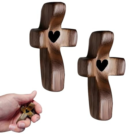 Mailfull Geschnitztes Handschmeichler 2 Stück Klein Holzkreuz (5x3cm) Handgeschnitztes Liebeskreuz aus Holz mit Herzen für Andachtsgebete Taufe Kommunion