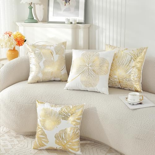 TAOSON Pack of 4, Gold Stamping Leaves Bronzing Printed Cozy Soft Throw Pillow Cases Cushion Covers Shells for Sofa Couch Bed Home Decoration 18 x 18 Inches