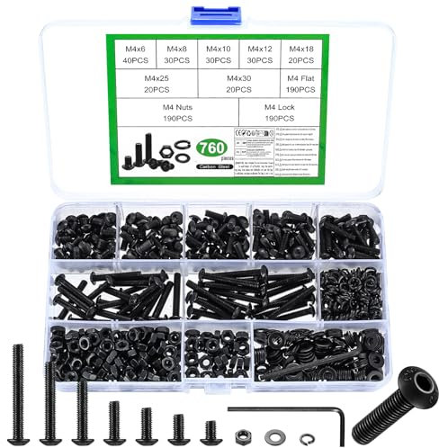 760 Pcs M4 Bolts and Nuts Set, Nuts and Bolts Set, Black Hex Socket Button Head Cap Screws with Washers, Assorted Pan Head Screws (M4)