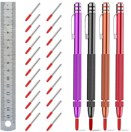 Glieskir 4 Pack Tungsten Carbide Scriber with Magnet,with Extra 21 Replacement Marking Tip And 6-Inch Ruler,Etching Engraving Pen for Glass/Ceramics/Metal Sheet
