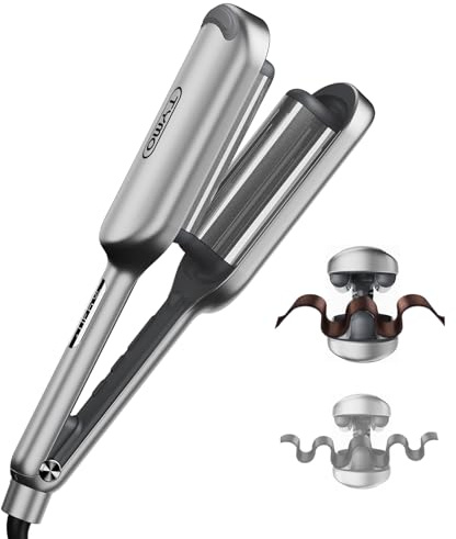 Curling Iron Hair Crimper Waver - TYMO ROVY Beach Waves Curling Wand, Ionic Deep Waver Hair Curler Tool with Ceramic 3 Barrel for Women, Dual Voltage, Anti-Scald, Easy to Use, Grey, 1.25 Inch