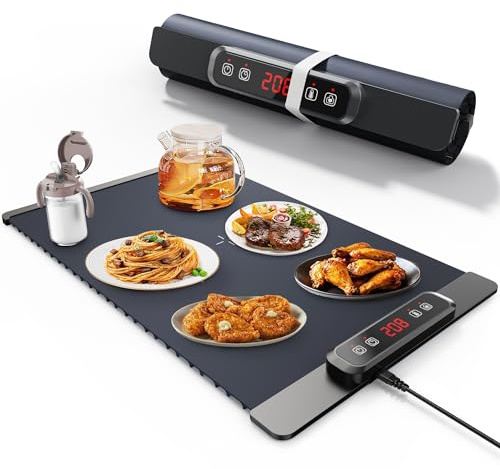 Food Warming Mat – 5-Temperature Electric Tray with Child Lock, Auto Shut-Off & Foldable Design | Silicone Warmer for Baby Bottles, Baking, Travel & Buffets (Dark blue)