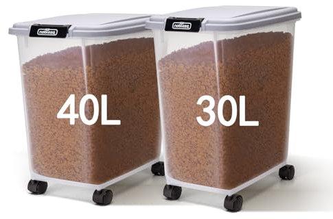 Nobleza - Contenitore per Animali da 30+40L， Animali Domestici Scatola di Alimenti con Ruote Contenitore， Coperchio Ribaltabile， Ermetico， Trasparente， Ruote e Pala， per Cibo per Cani e Gatti， Grigio