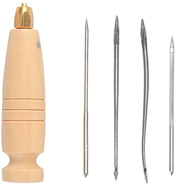 jiingekk 4 In 1 Stitching Awl Tool, Wood Handle Leather Stitching Sewing Awl DIY Handmade Leather Craft Hole Punch Tool for DIY