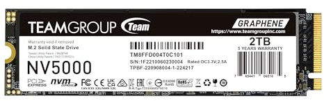 TEAMGROUP NV5000 2TB SLC Cache NVMe PCIe Gen4x4 M.2 2280 Ordinateur portable, SSD de bureau Vitesse de lecture/écriture jusqu'à 5000/3000 Mo/s TM8FGM002T0C101