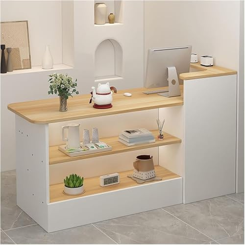 Taifuan Banco Reception Banco Reception Curvo Alto Ufficio, Banconi Reception Forma L Estetica, Bancone Cassa per Negozio Angolare con Cassetto e Armadio(Walnut/Right,140x100x45cm)