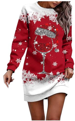 Robe De Soiree Femme, Robe Pull De Noel Femme Hiver Grande Taille Manche Longue Chic Et Elegant Robes Longues Femmes Christmas Col Rond Dress Oversize Décontractée Chaud Confortable Rouge, S