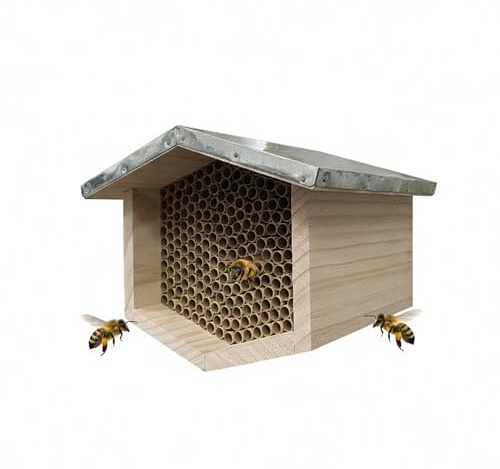 Relaxdays Hôtel à Abeilles en Bois avec Toit métallique galvanisé, Tubes en Carton, à Suspendre, 17 x 21.5 x 20.5 cm, na