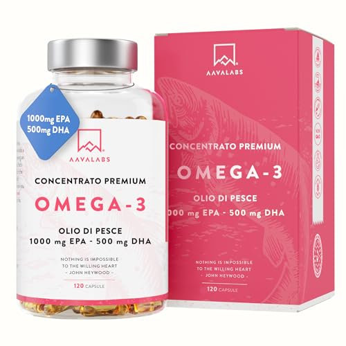 Omega 3 2000mg ad Alto Dosaggio - Olio di Pesce Omega 3 Capsule - Integratore Omega 3 1000mg EPA 500mg DHA per dose giornaliera (2 capsule) - Fish Oil Puro Non-OGM Fonte di Acidi Grassi - 120 softgel