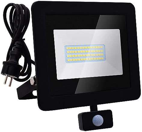Lumare LED Projecteur 30W | avec détecteur de mouvement et fiche de raccordement | 3000lm | 3000K blanc chaud | Pour extérieur et intérieur IP65 | Projecteur remplace env. 200W