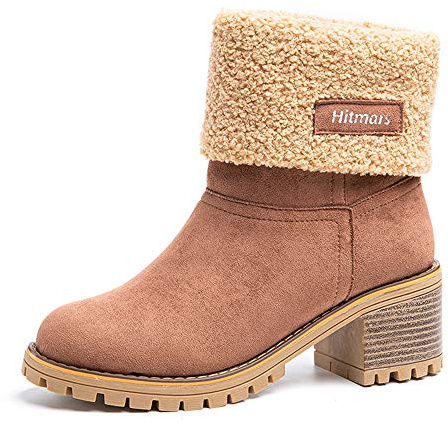 Hitmars Botas Mujer Invierno Forradas Cálidas Botines Serraje Tacón Ancho Medio 6CM Plataforma Zapatos Nieve Cómodos Casual Marrón EU 37
